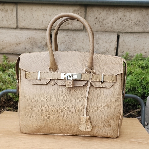 Dorsa Snake Embossed Tan Leather Handbag - Picture 1 of 16